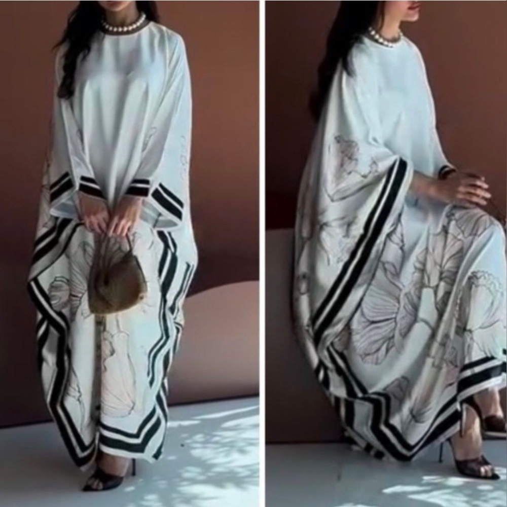 Cream Floral Border Kimono Mumu Kraftan with Black Stripes Dress